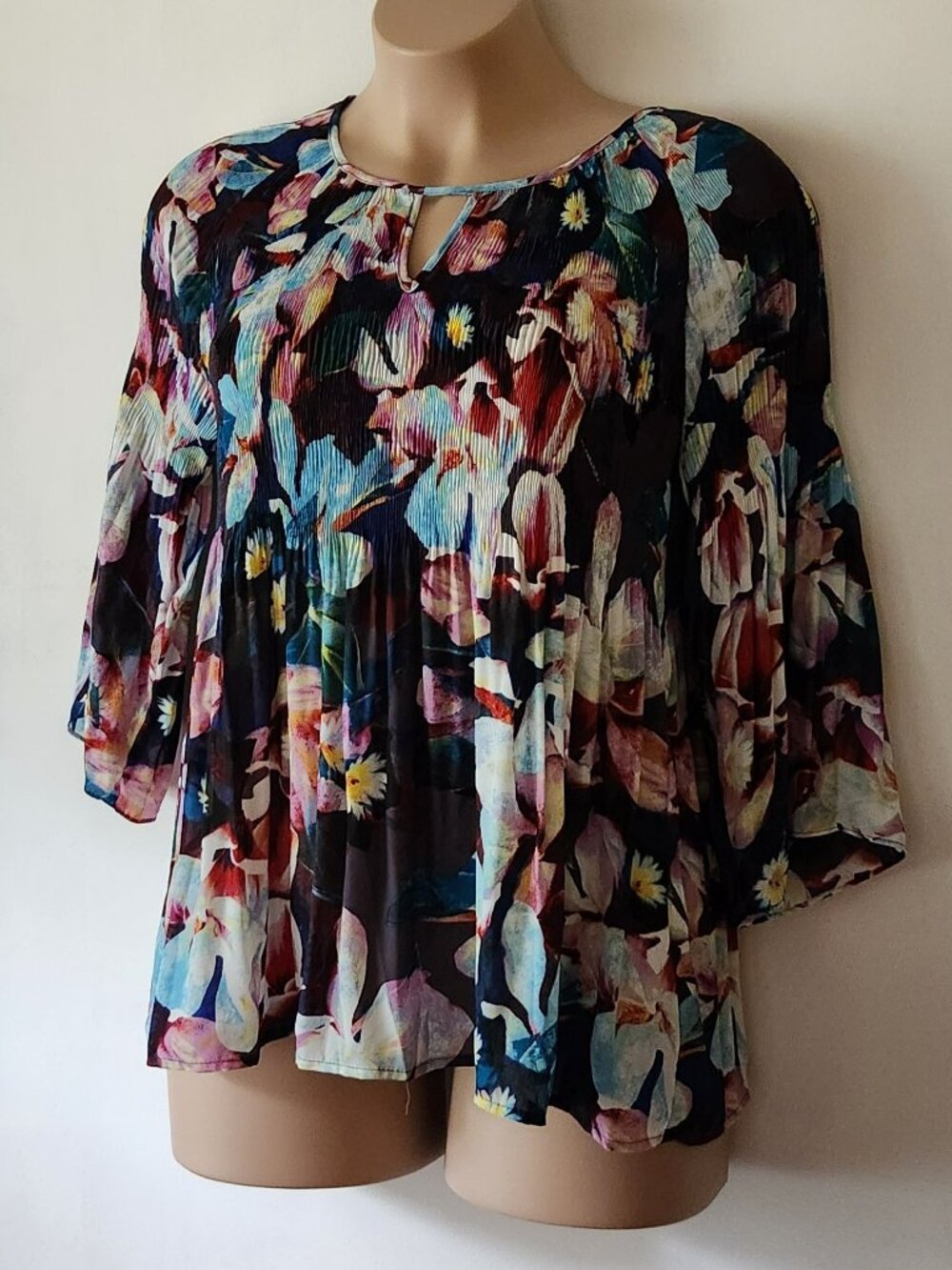 Spense babydoll blouse sz XL floral teal pink charcoal gray EUC